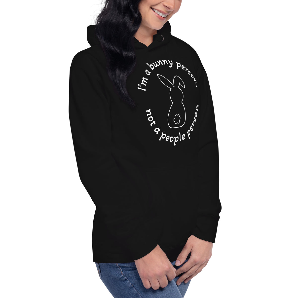 "Bunny Person" musta unisex-huppari valkoisella painatuksella
