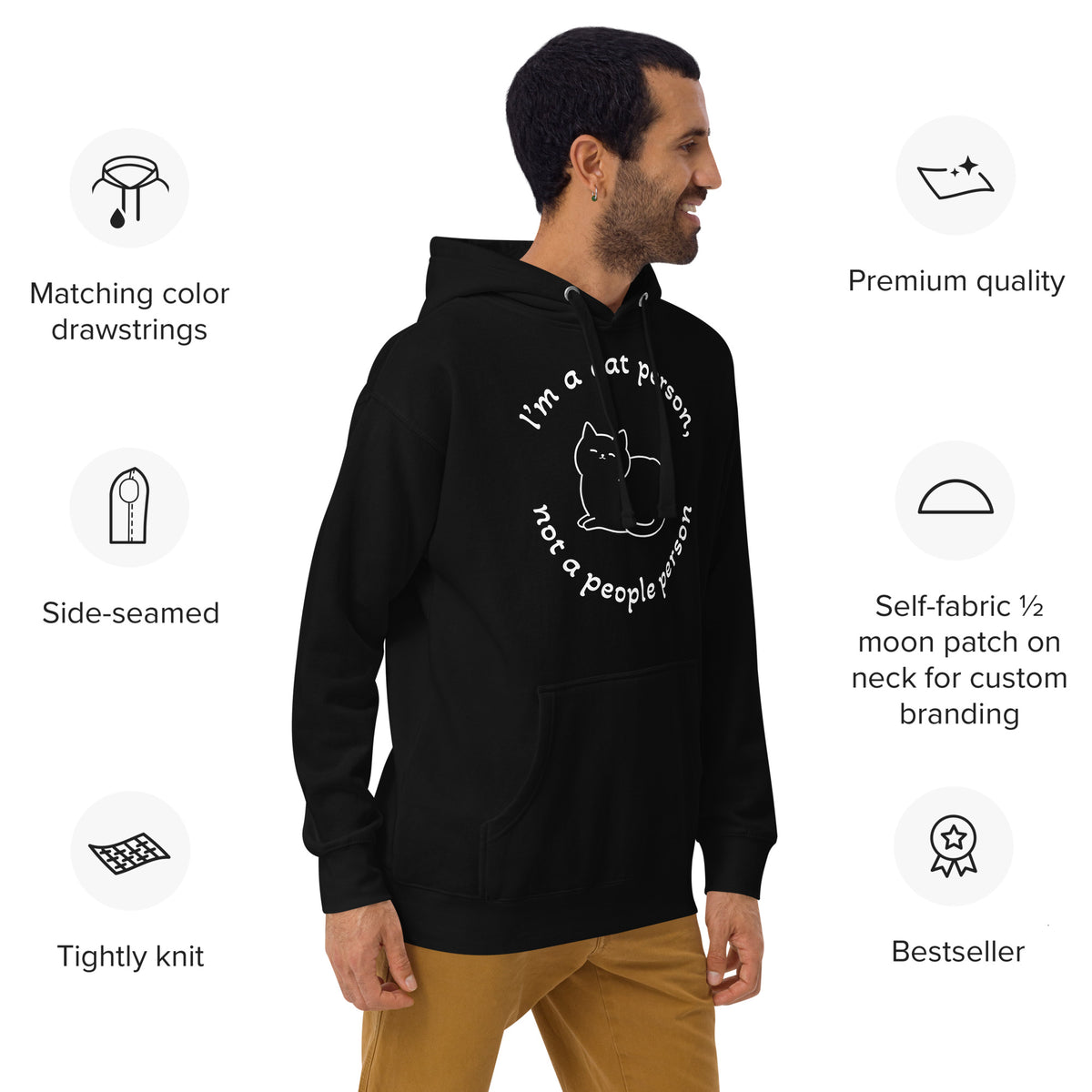 "Cat person" black hoodie with white print