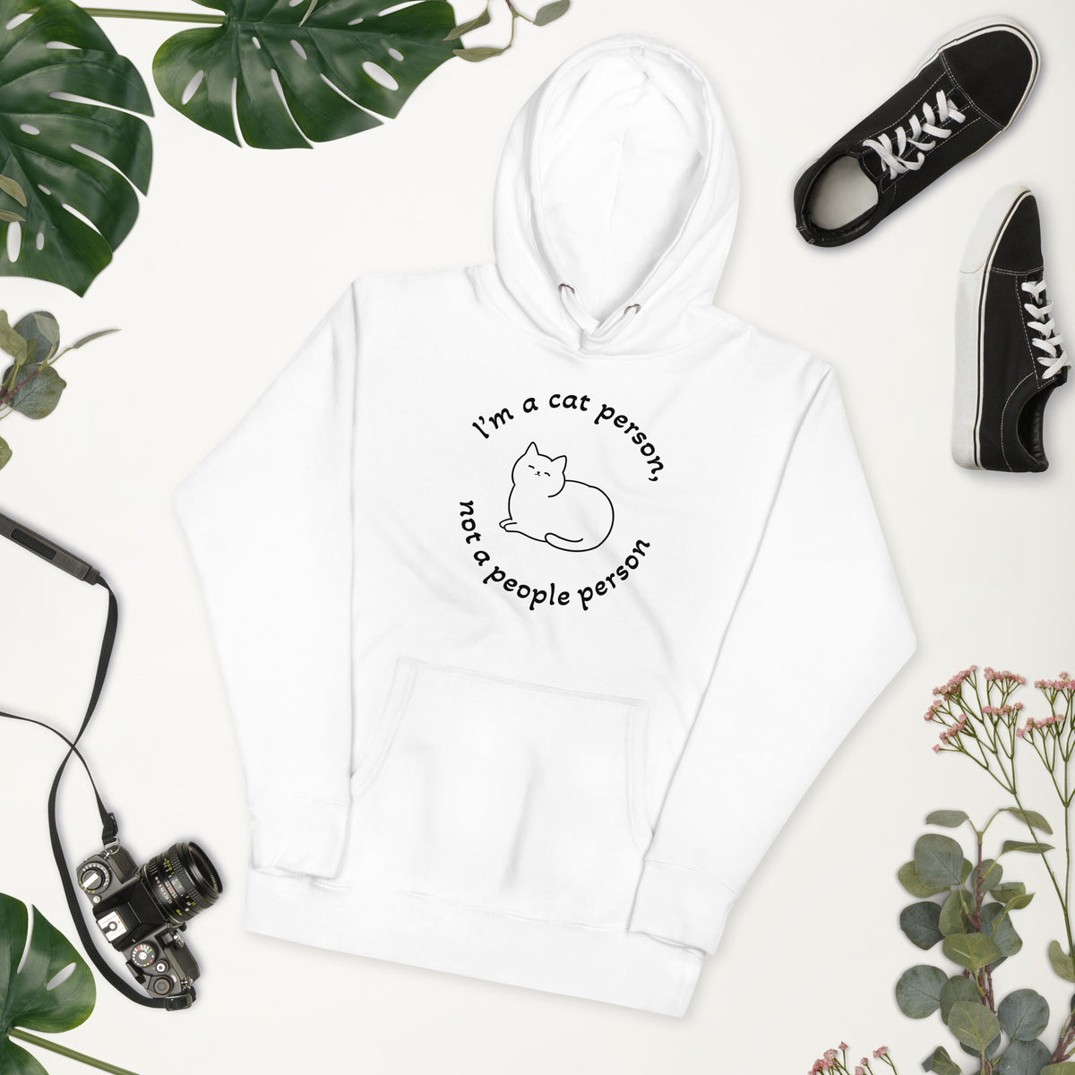 "Cat Person" white unisex hoodie with black print