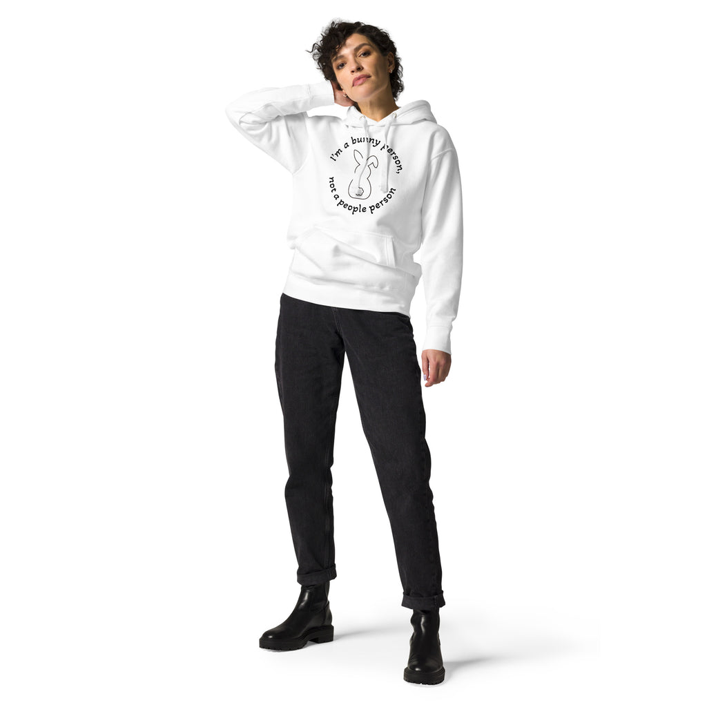 "Bunny Person" white hoodie with black print