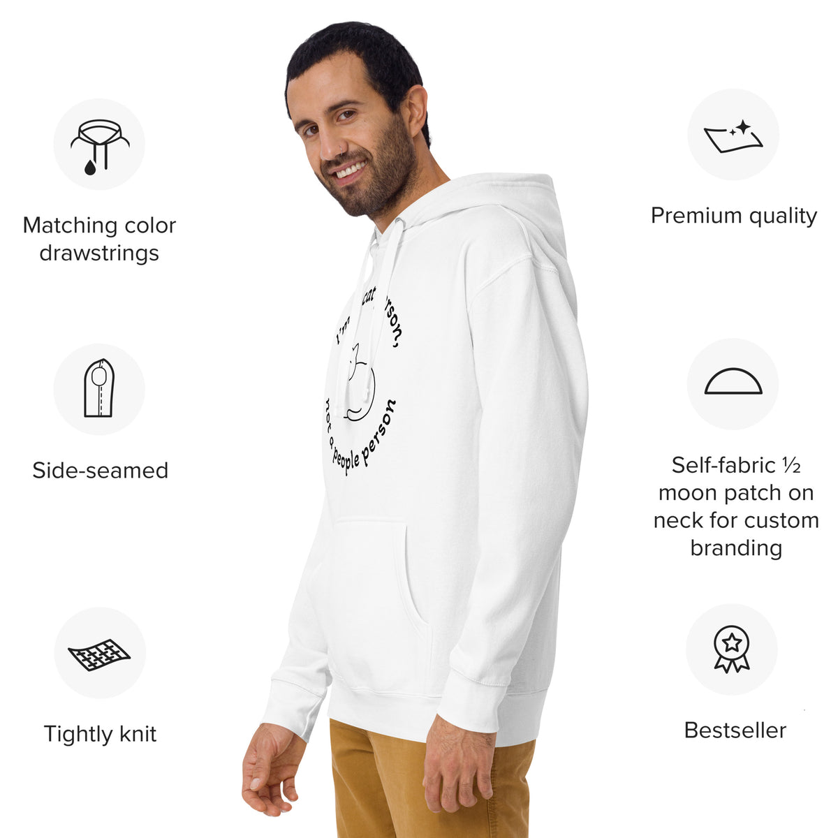 "Cat Person" white unisex hoodie with black print