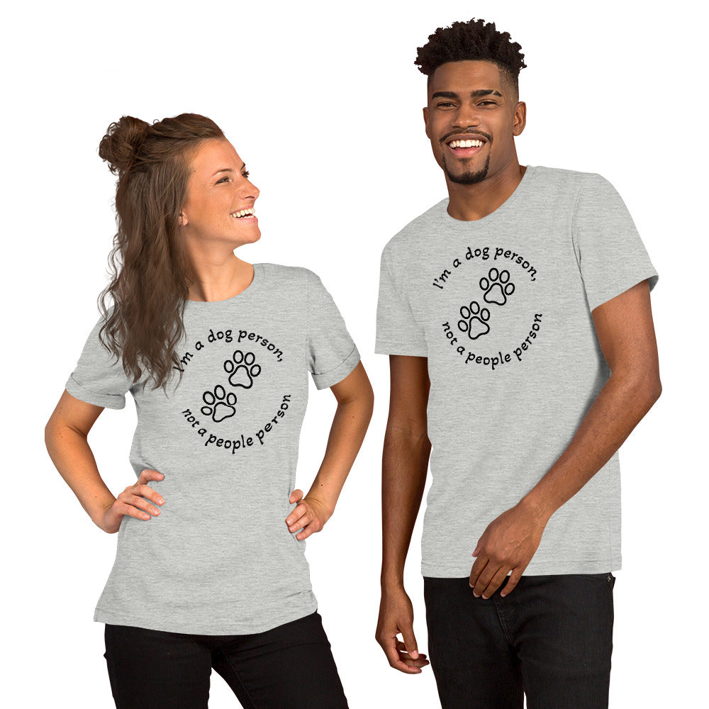 "Dog Person" harmaa unisex t-paita mustalla painatuksella